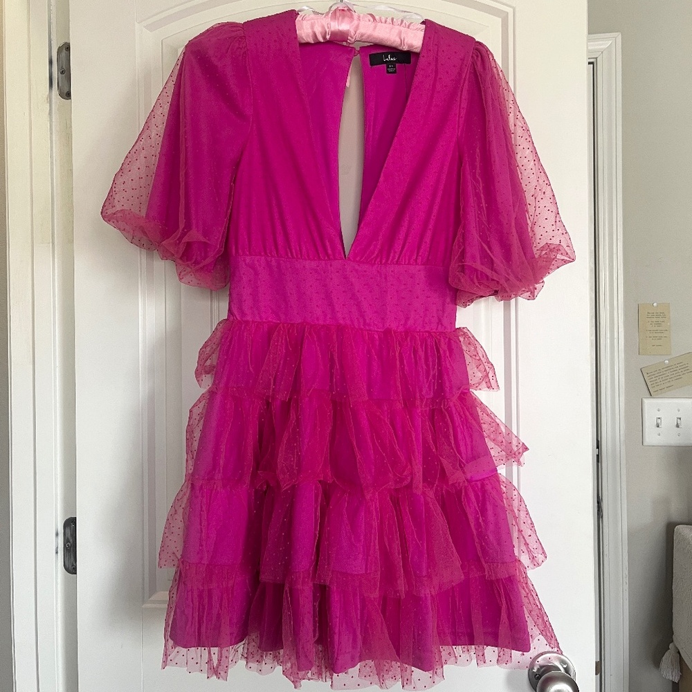 X Small Lulus Hot Pink Dot Tulle Puff Sleeve Tiered Mini Dress